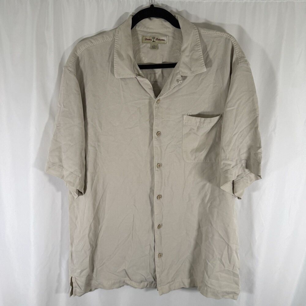 Tommy Bahama 100% Silk Shirt Men's Large Beige Button Up Short Sleeve
